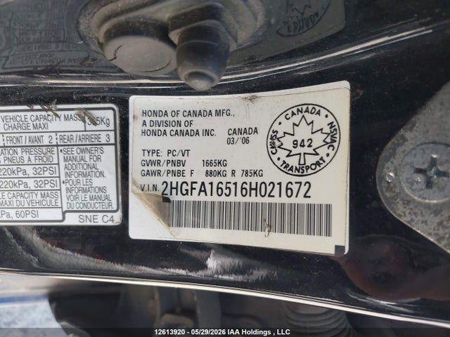Продажа на аукционе авто 2006 Honda Civic Lx, vin: 2HGFA16516H021672, номер лота: 12613920