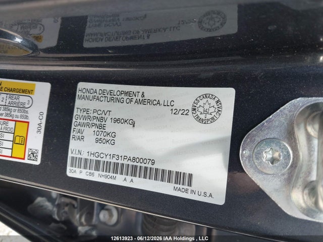 Aukcja sprzedaży 2023 Honda Accord Ex, vin: 1HGCY1F31PA800079, numer aukcji: 12613923