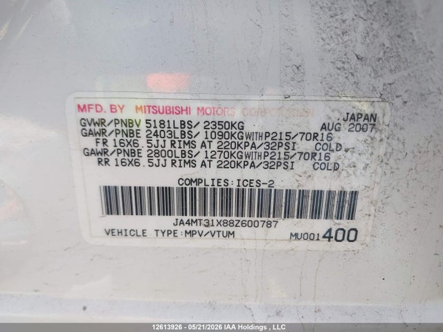 Продажа на аукционе авто 2008 Mitsubishi Outlander Ls, vin: JA4MT31X88Z600787, номер лота: 12613926