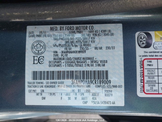 12613928 :رقم المزاد ، 3FAHP0HA9CR189009 vin ، 2012 Ford Fusion Se مزاد بيع
