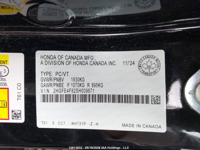 2025 Honda Civic Sport Hybrid/sport Touring Hybrid მანქანა იყიდება აუქციონზე, vin: 2HGFE4F82SH009671, აუქციონის ნომერი: 12613932