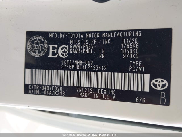 Продаж на аукціоні авто 2020 Toyota Corolla Le, vin: 5YFBPRBE4LP123442, номер лоту: 12613936