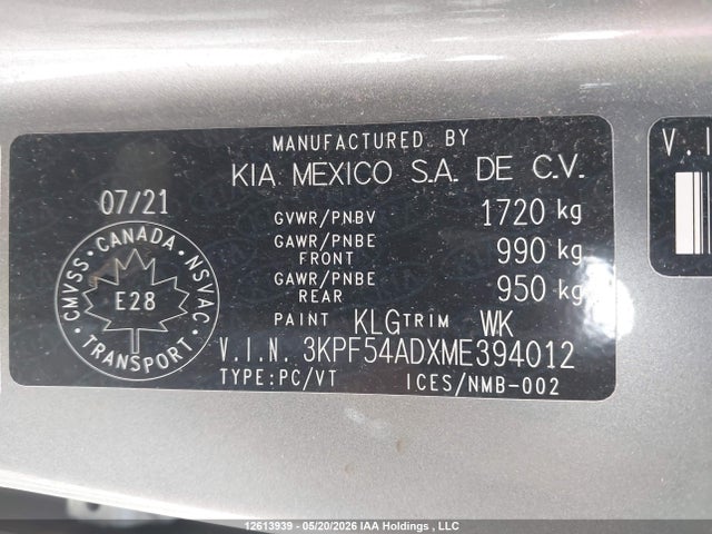 3KPF54ADXME394012 KIA FORTE EX