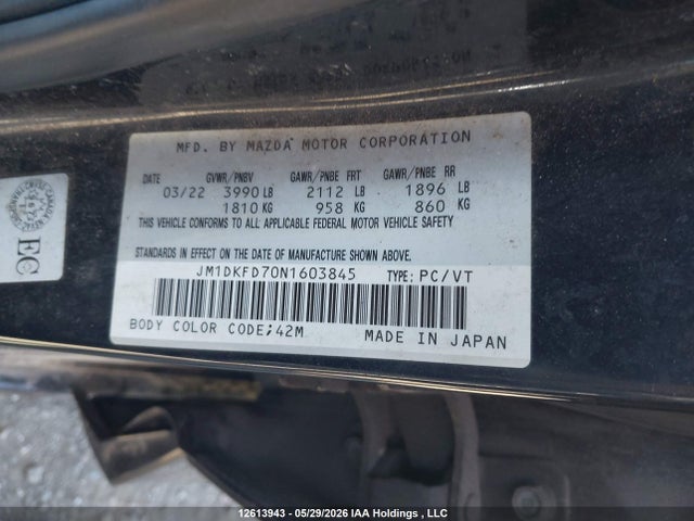 12613943 :رقم المزاد ، JM1DKFD70N1603845 vin ، 2022 Mazda Cx-3 Gt مزاد بيع