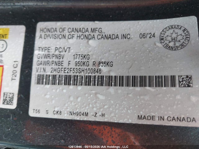 Aukcja sprzedaży 2025 Honda Civic Sport, vin: 2HGFE2F53SH100846, numer aukcji: 12613946