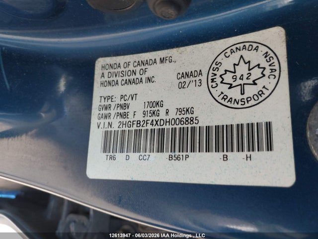 Aukcja sprzedaży 2013 Honda Civic Lx, vin: 2HGFB2F4XDH006885, numer aukcji: 12613947