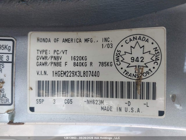 2003 Honda Civic Si/si-g მანქანა იყიდება აუქციონზე, vin: 1HGEM229X3L807440, აუქციონის ნომერი: 12613953