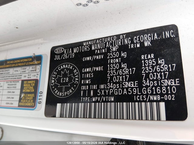 Продаж на аукціоні авто 2020 Kia Sorento S, vin: 5XYPGDA59LG616810, номер лоту: 12613958