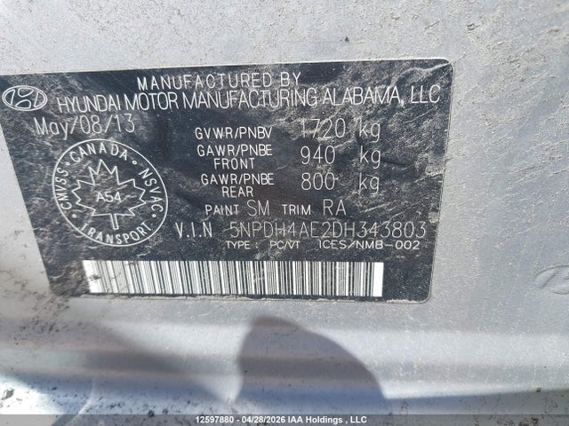 2013 Hyundai Elantra Gls მანქანა იყიდება აუქციონზე, vin: 5NPDH4AE2DH343803, აუქციონის ნომერი: 12597880