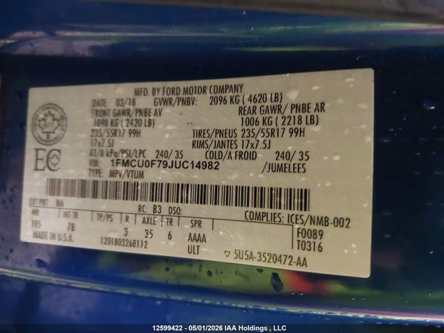 Продаж на аукціоні авто 2018 Ford Escape S, vin: 1FMCU0F79JUC14982, номер лоту: 12599422