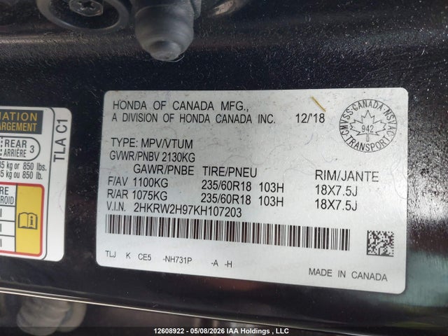 Продажа на аукционе авто 2019 Honda Cr-v Touring, vin: 2HKRW2H97KH107203, номер лота: 12608922