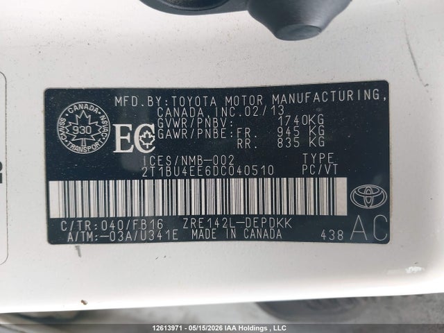 2013 Toyota Corolla S/le მანქანა იყიდება აუქციონზე, vin: 2T1BU4EE6DC040510, აუქციონის ნომერი: 12613971