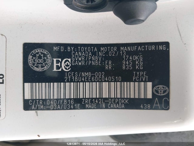 2013 Toyota Corolla S/le მანქანა იყიდება აუქციონზე, vin: 2T1BU4EE6DC040510, აუქციონის ნომერი: 12613971