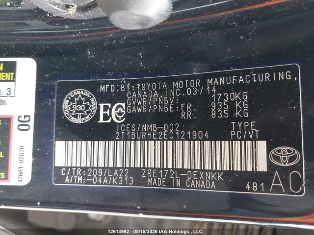 2014 Toyota Corolla L/le/le Pls/prm/s/s Pls მანქანა იყიდება აუქციონზე, vin: 2T1BURHE2EC121904, აუქციონის ნომერი: 12613992