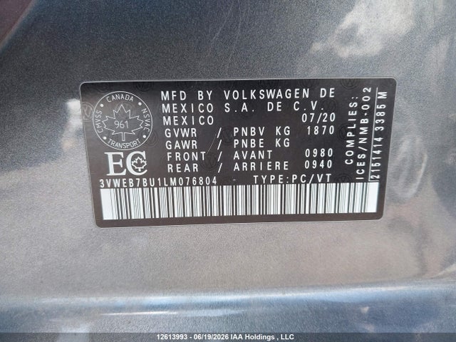 2020 Volkswagen Jetta Highline მანქანა იყიდება აუქციონზე, vin: 3VWEB7BU1LM076804, აუქციონის ნომერი: 12613993