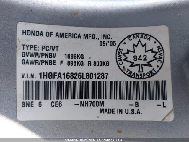 12613995 :رقم المزاد ، 1HGFA16826L801287 vin ، 2006 Honda Civic Ex 4dr مزاد بيع