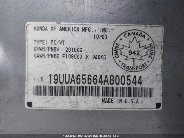 Продажа на аукционе авто 2004 Acura Tl, vin: 19UUA65664A800544, номер лота: 12614013