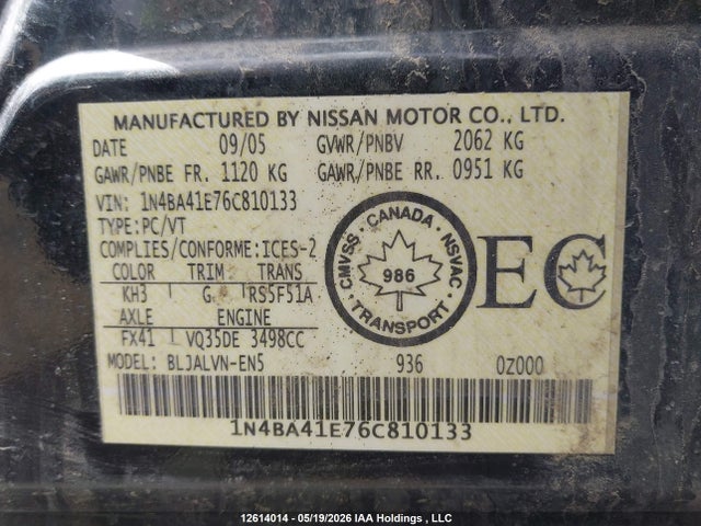 Продаж на аукціоні авто 2006 Nissan Maxima 3.5 Sl, vin: 1N4BA41E76C810133, номер лоту: 12614014