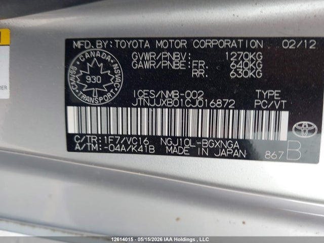 2012 Scion Iq მანქანა იყიდება აუქციონზე, vin: JTNJJXB01CJ016872, აუქციონის ნომერი: 12614015