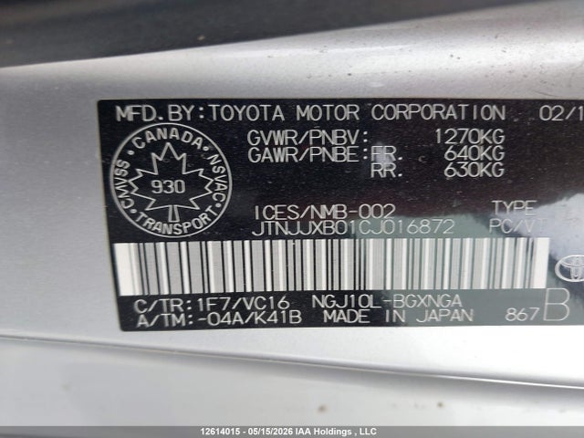 2012 Scion Iq მანქანა იყიდება აუქციონზე, vin: JTNJJXB01CJ016872, აუქციონის ნომერი: 12614015