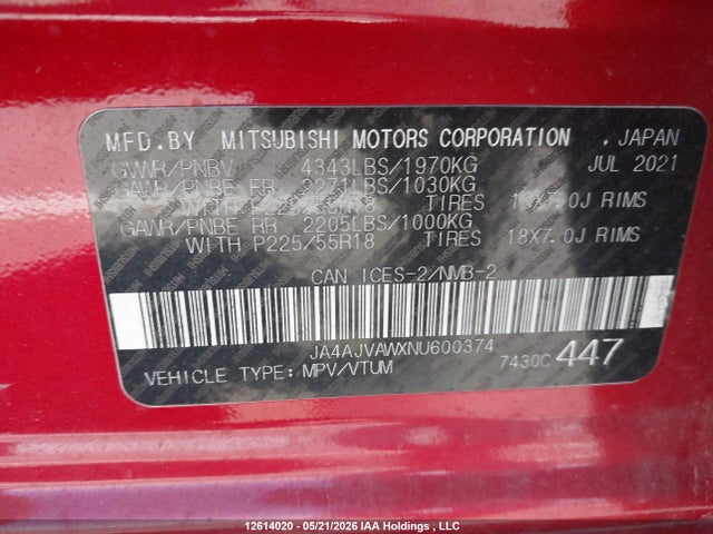 Продаж на аукціоні авто 2022 Mitsubishi Rvr Se/sel/le/gt, vin: JA4AJVAWXNU600374, номер лоту: 12614020