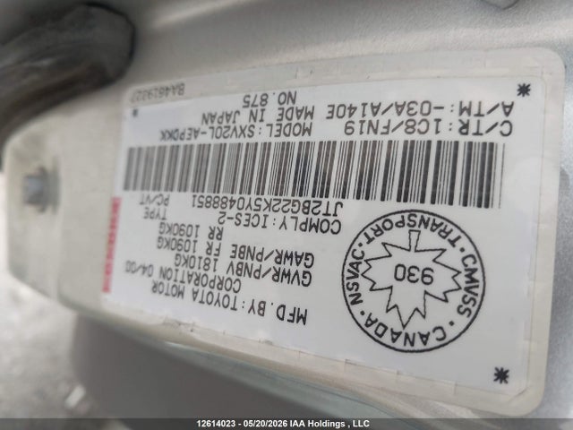 12614023 :رقم المزاد ، JT2BG22K5Y0488851 vin ، 2000 Toyota Camry Ce/le/xle مزاد بيع