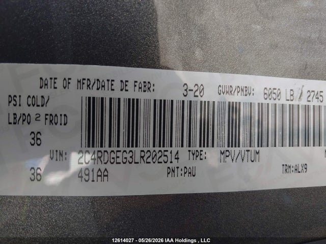 2020 Dodge Grand Caravan Gt მანქანა იყიდება აუქციონზე, vin: 2C4RDGEG3LR202514, აუქციონის ნომერი: 12614027