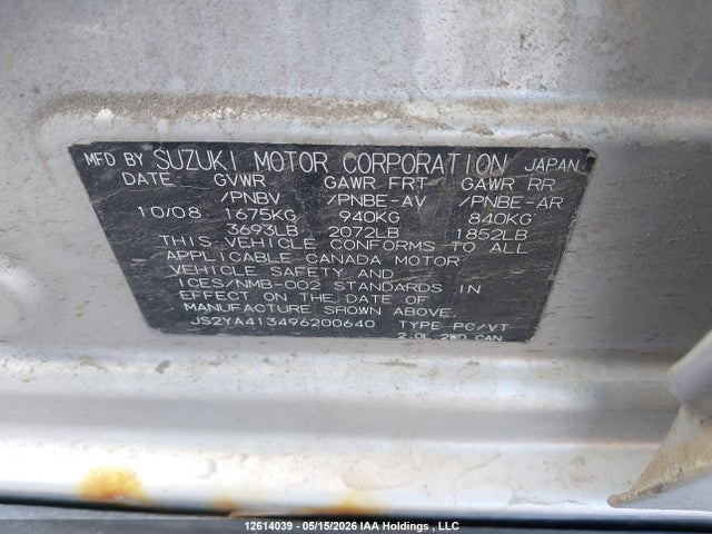 Продажа на аукционе авто 2009 Suzuki Sx4 Technology, vin: JS2YA413496200640, номер лота: 12614039
