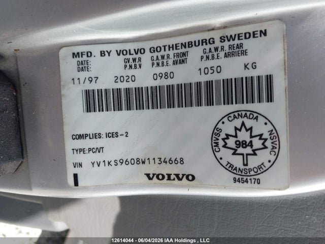 Aukcja sprzedaży 1998 Volvo S90, vin: YV1KS9608W1134668, numer aukcji: 12614044