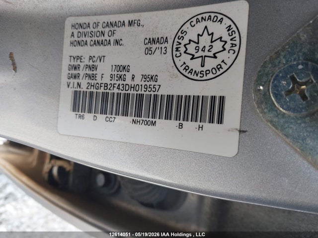 Aukcja sprzedaży 2013 Honda Civic Lx, vin: 2HGFB2F43DH019557, numer aukcji: 12614051