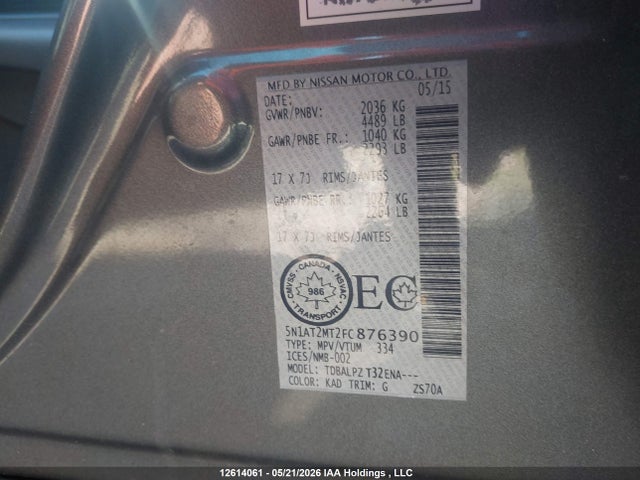 12614061 :رقم المزاد ، 5N1AT2MT2FC876390 vin ، 2015 Nissan Rogue مزاد بيع