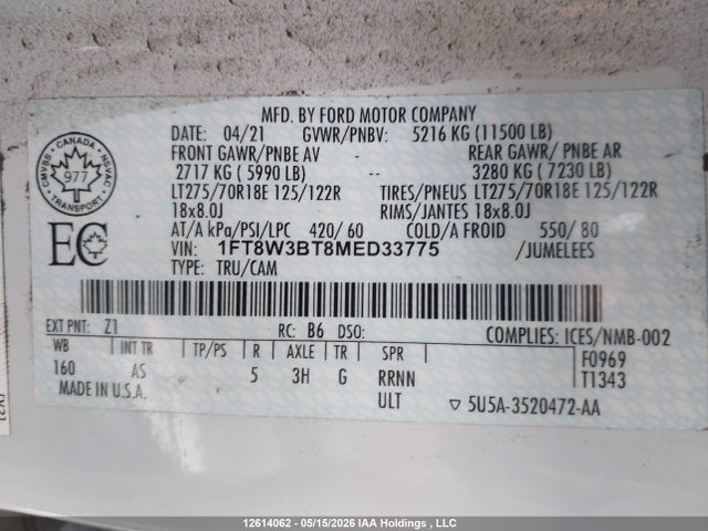 Продажа на аукционе авто 2021 Ford F350 Super Duty, vin: 1FT8W3BT8MED33775, номер лота: 12614062