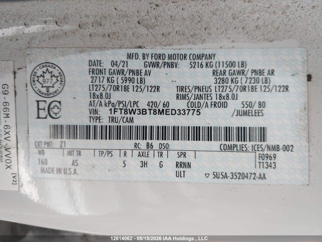 Продажа на аукционе авто 2021 Ford F350 Super Duty, vin: 1FT8W3BT8MED33775, номер лота: 12614062