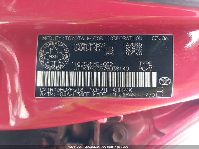 Aukcja sprzedaży 2007 Toyota Yaris Le/rs, vin: JTDKT923575038140, numer aukcji: 12614066