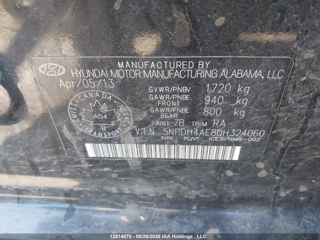 12614070 :رقم المزاد ، 5NPDH4AE8DH324060 vin ، 2013 Hyundai Elantra Gl مزاد بيع