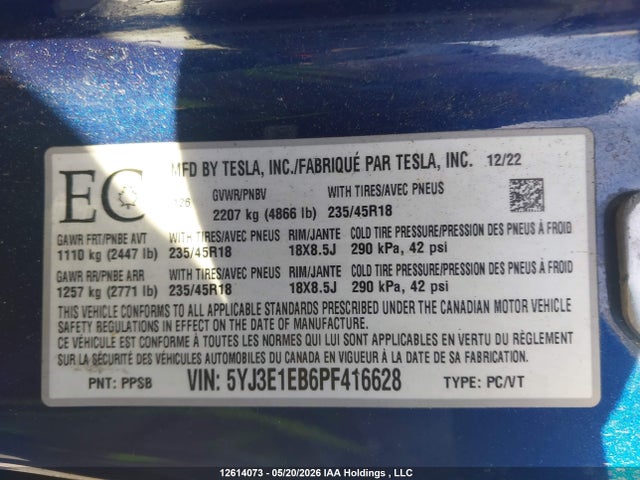 12614073 :رقم المزاد ، 5YJ3E1EB6PF416628 vin ، 2023 Tesla Model 3 Long Range مزاد بيع
