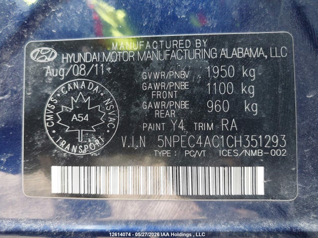 Aukcja sprzedaży 2012 Hyundai Sonata Se/limited, vin: 5NPEC4AC1CH351293, numer aukcji: 12614074