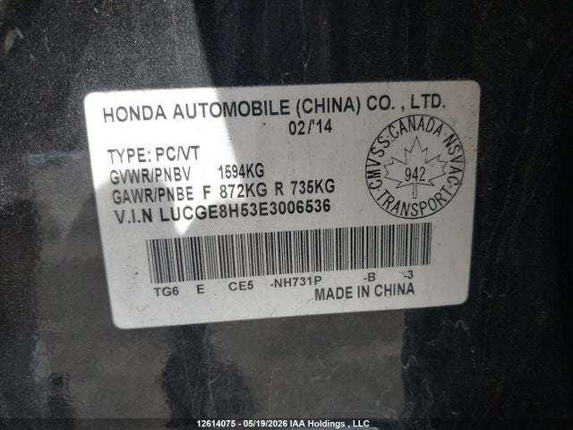 12614075 :رقم المزاد ، LUCGE8H53E3006536 vin ، 2014 Honda Fit Lx مزاد بيع