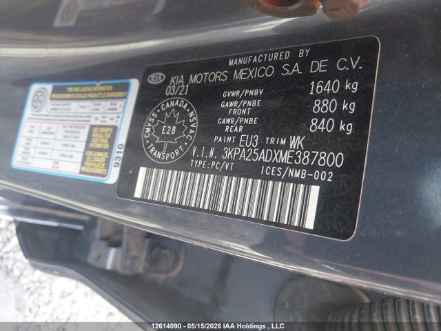 12614090 :رقم المزاد ، 3KPA25ADXME387800 vin ، 2021 Kia Rio 5-door مزاد بيع