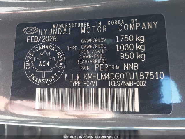 12614092 :رقم المزاد ، KMHLM4DG0TU187510 vin ، 2026 Hyundai Elantra Sel Sport مزاد بيع