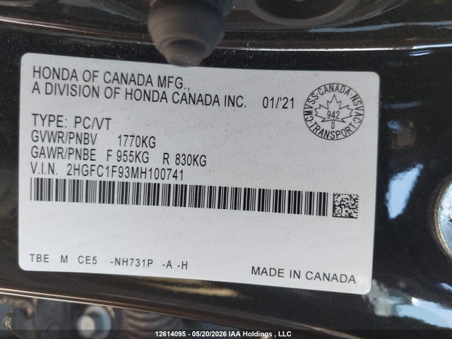 Продаж на аукціоні авто 2021 Honda Civic, vin: 2HGFC1F93MH100741, номер лоту: 12614095