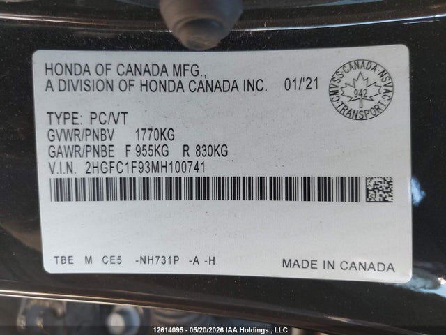 Продаж на аукціоні авто 2021 Honda Civic, vin: 2HGFC1F93MH100741, номер лоту: 12614095