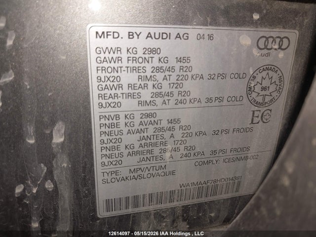 Продаж на аукціоні авто 2017 Audi Q7 Progressiv S-line, vin: WA1MAAF78HD014381, номер лоту: 12614097