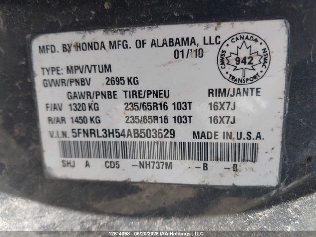12614098 :رقم المزاد ، 5FNRL3H54AB503629 vin ، 2010 Honda Odyssey Se مزاد بيع