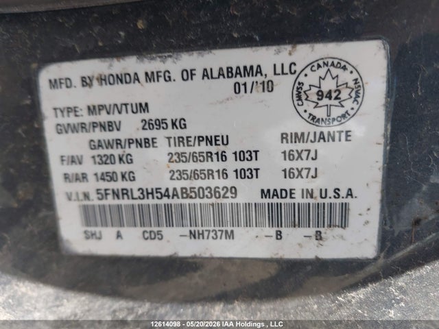12614098 :رقم المزاد ، 5FNRL3H54AB503629 vin ، 2010 Honda Odyssey Se مزاد بيع