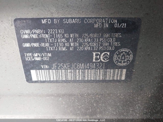 Продажа на аукционе авто 2021 Subaru Forester Touring, vin: JF2SKEJC8MH494321, номер лота: 12614100
