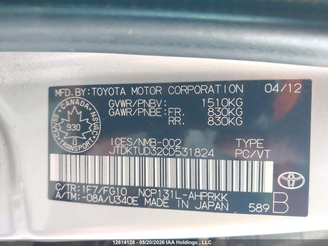 Продаж на аукціоні авто 2012 Toyota Yaris Le, vin: JTDKTUD32CD531824, номер лоту: 12614128