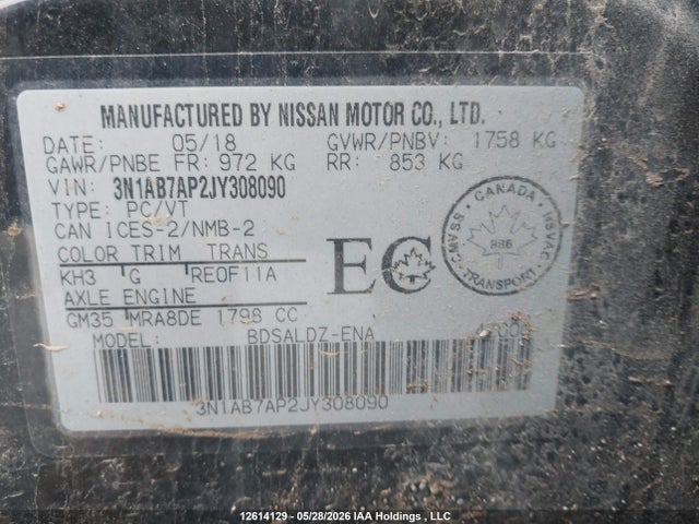Aukcja sprzedaży 2018 Nissan Sentra 1.8 S/1.8 Sv/1.8 Sv Midnight Edition, vin: 3N1AB7AP2JY308090, numer aukcji: 12614129
