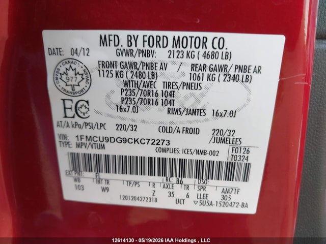 Продажа на аукционе авто 2012 Ford Escape Xlt, vin: 1FMCU9DG9CKC72273, номер лота: 12614130