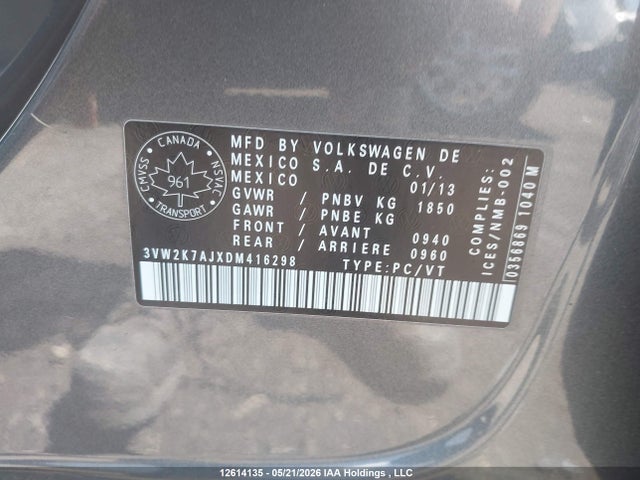 2013 Volkswagen Jetta 2.0l Trendline/2.0l Trendline+ მანქანა იყიდება აუქციონზე, vin: 3VW2K7AJXDM416298, აუქციონის ნომერი: 12614135